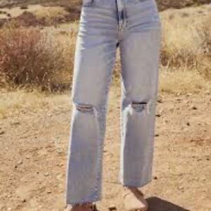 Vici Light Blue Womens High-Rise Straight Leg Jeans with Knee Rips